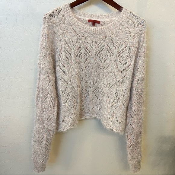 Fuzzy sweater Red by BKE Rainbow Shimmer Pointelle , soft, cropped, XL - Picture 7 of 14